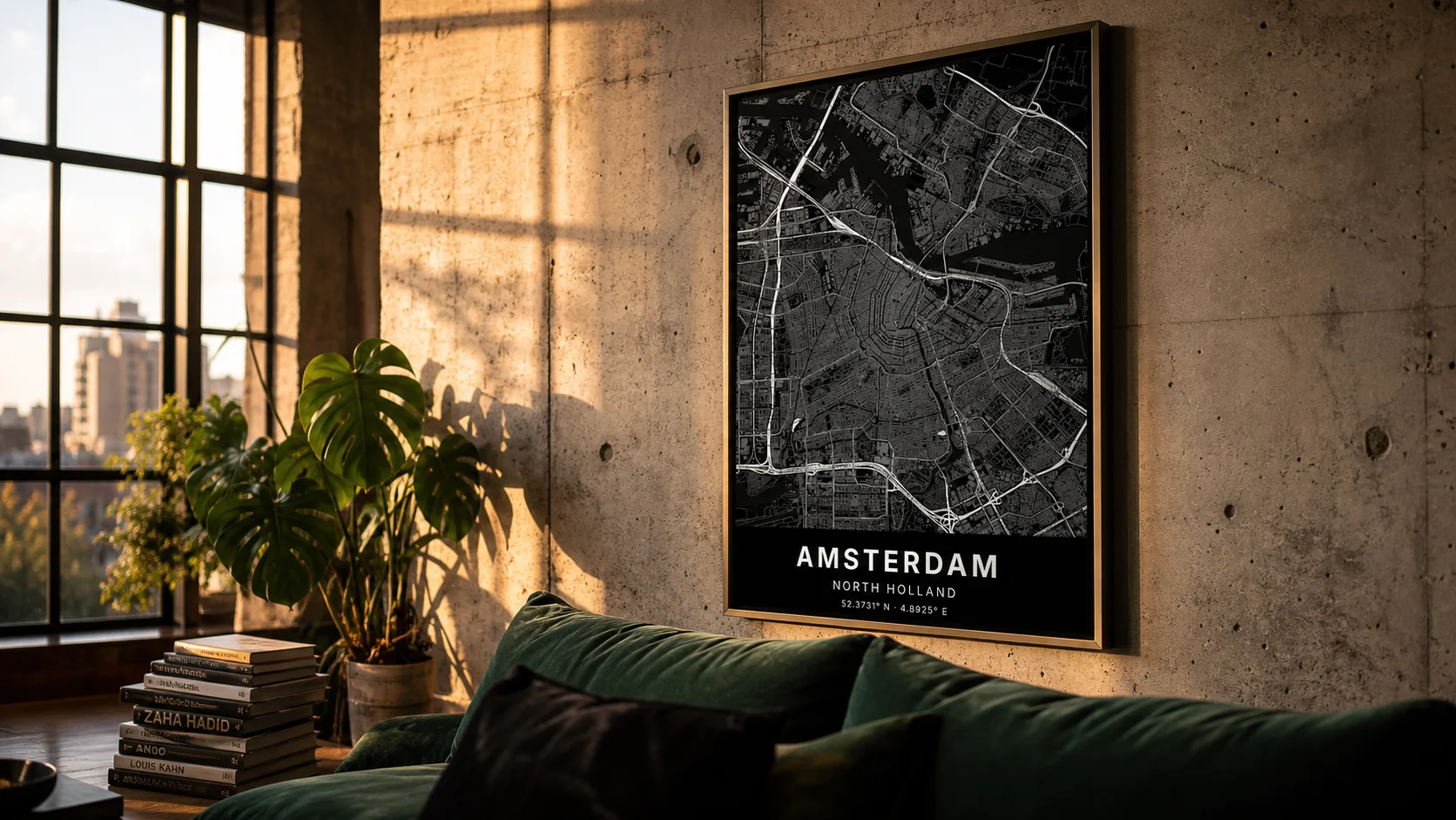 Woonkamer met kaartposter boven een bank, ingelijst in een houten lijst