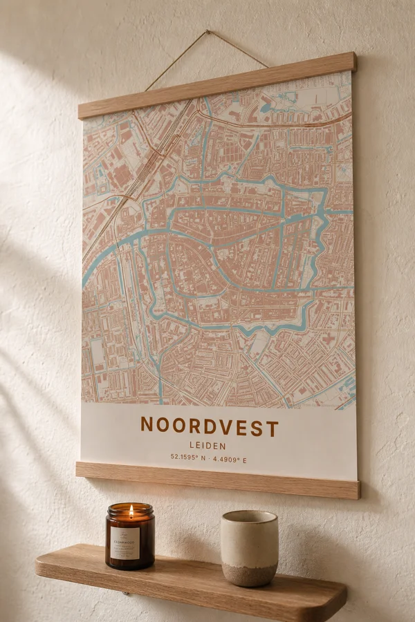 Kaartposter in houten magneetlatjes aan de muur