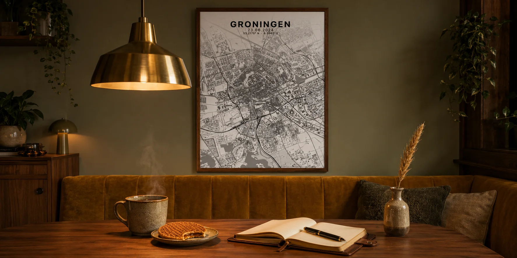 Gepersonaliseerde stadskaart met coördinaten en datum, ingelijst boven een dressoir