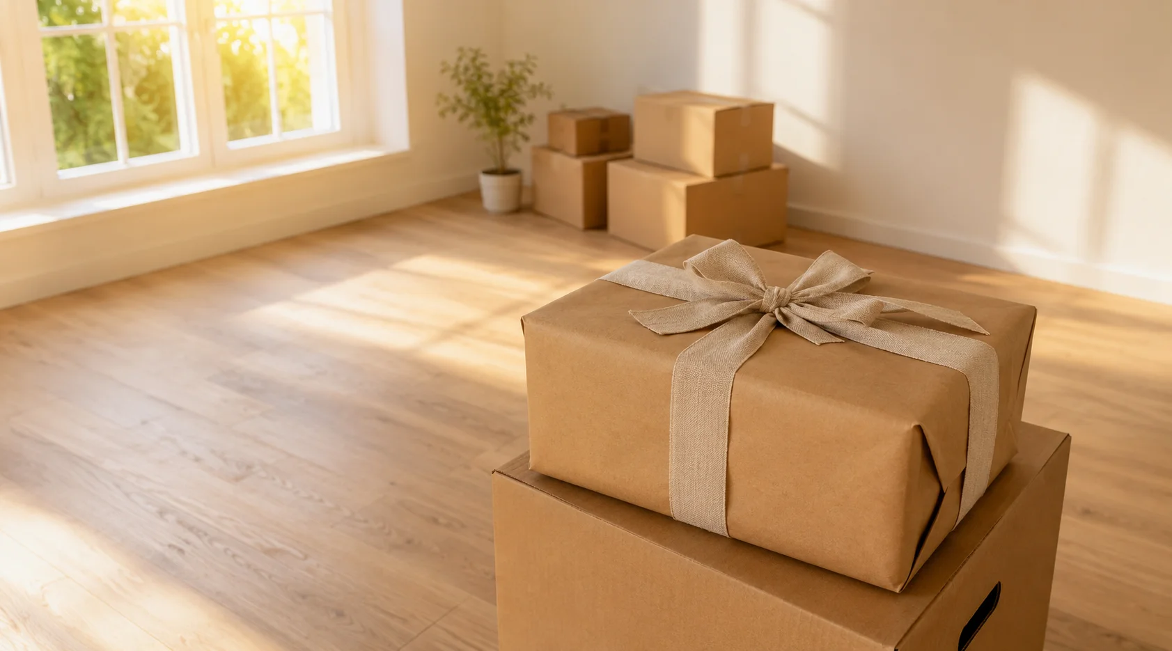 Ingepakt housewarming cadeau op een verhuisdoos in een lege woonkamer met houten vloer