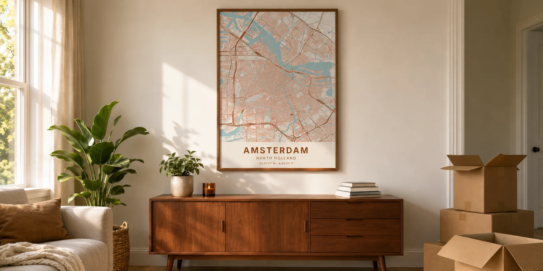 Stadsprint kaartposter van een Amsterdamse wijk in Klei stijl, ingelijst aan de muur in een woonkamer met verhuisdozen