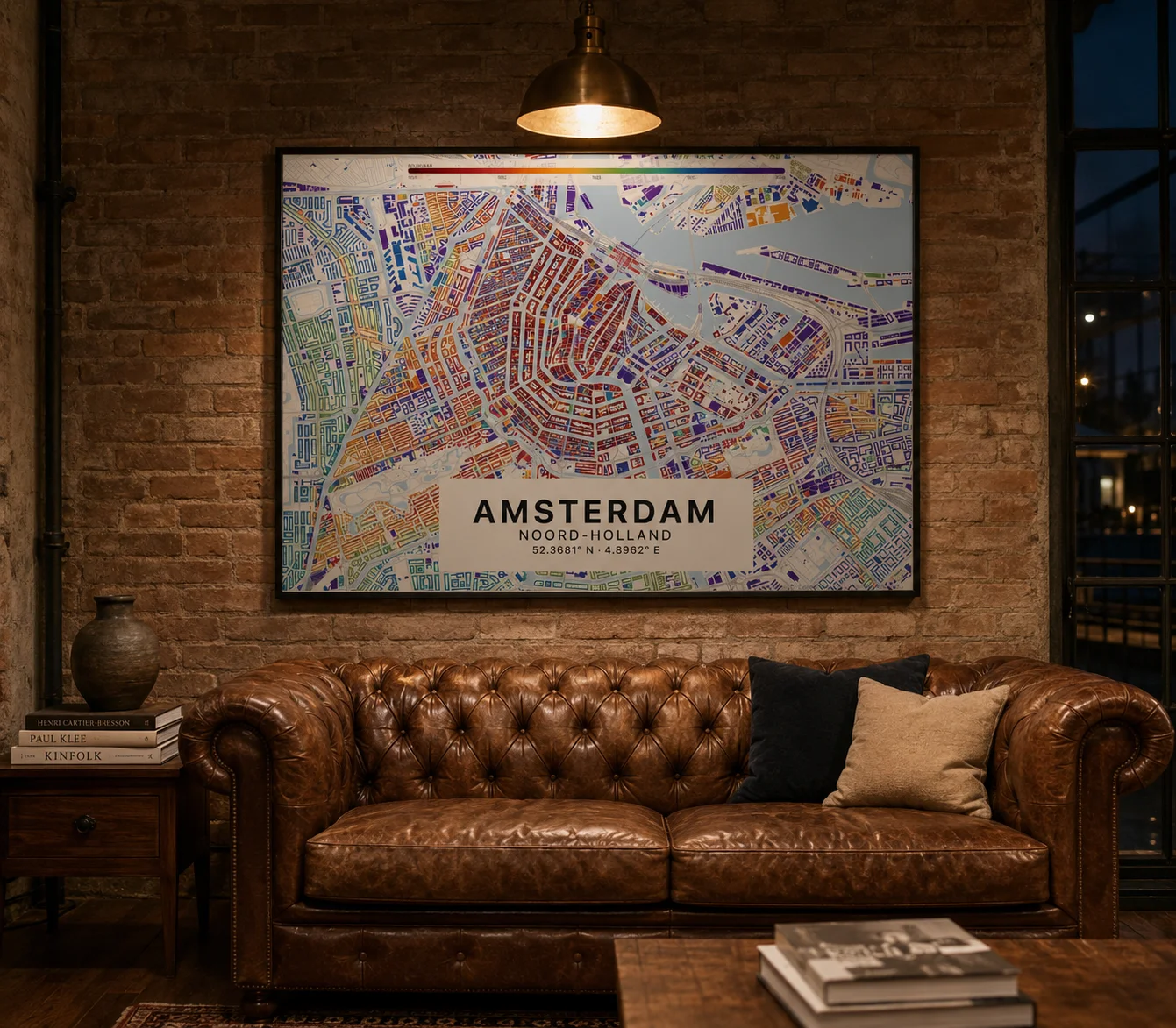 Tijdlaag-poster van Amsterdam centrum met middeleeuwse kern in donkerrood overgaand in oranje Grachtengordel
