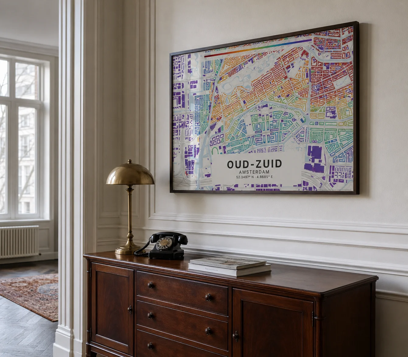Tijdlaag-poster van Oud-Zuid met Berlages Plan Zuid als coherent oranje blok van Amsterdam School-bouw