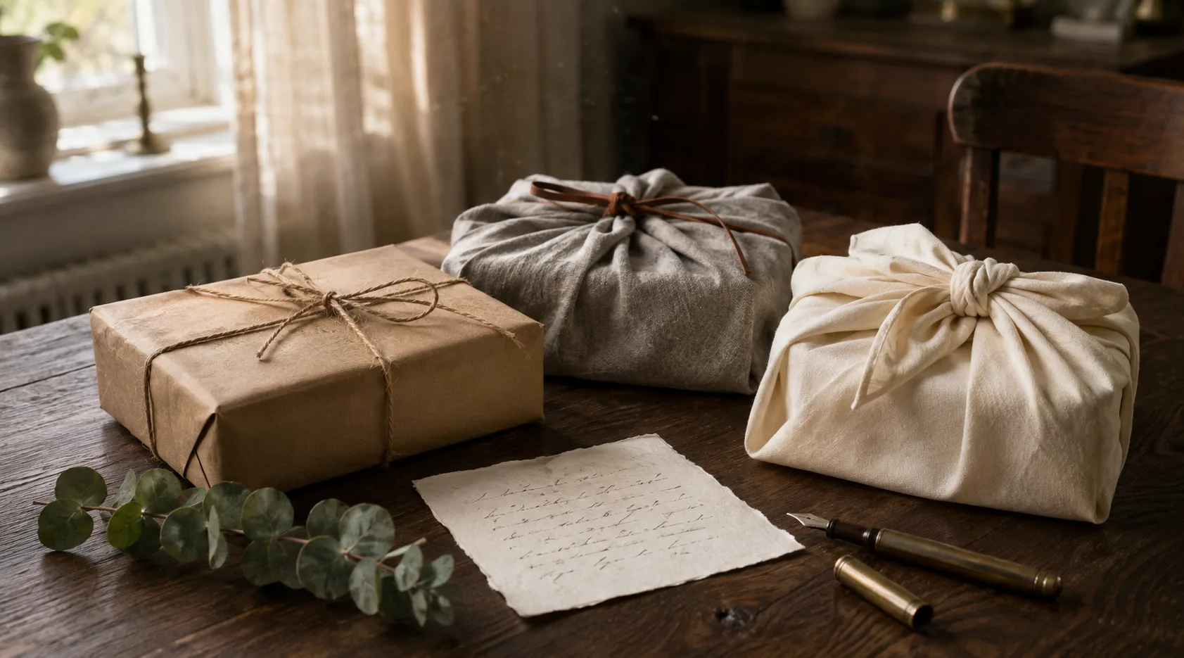 Verzameling ingepakte persoonlijke cadeaus in kraftpapier met natuurlijk touw op een houten tafel, met een handgeschreven kaartje ernaast