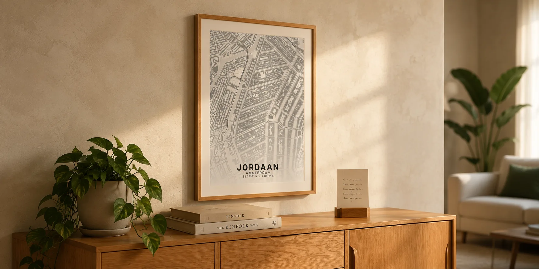 Kaartposter van Amsterdam Jordaan in scandinavische stijl, ingelijst boven een houten dressoir met kleine plant en handgeschreven kaartje