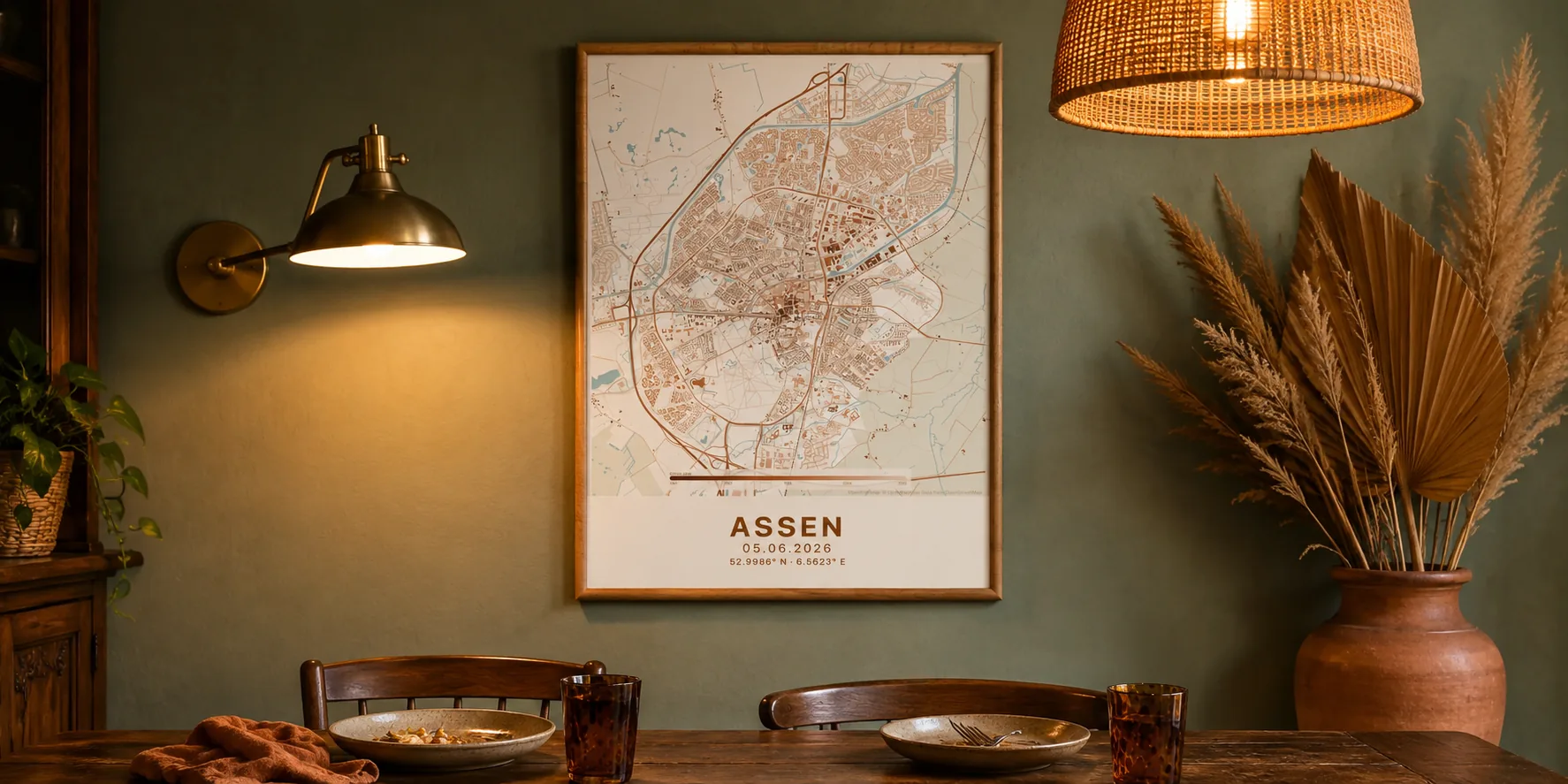 Stedenposter in mid-century interieur met houten dressoir, gepersonaliseerd met stadsnaam en coördinaten