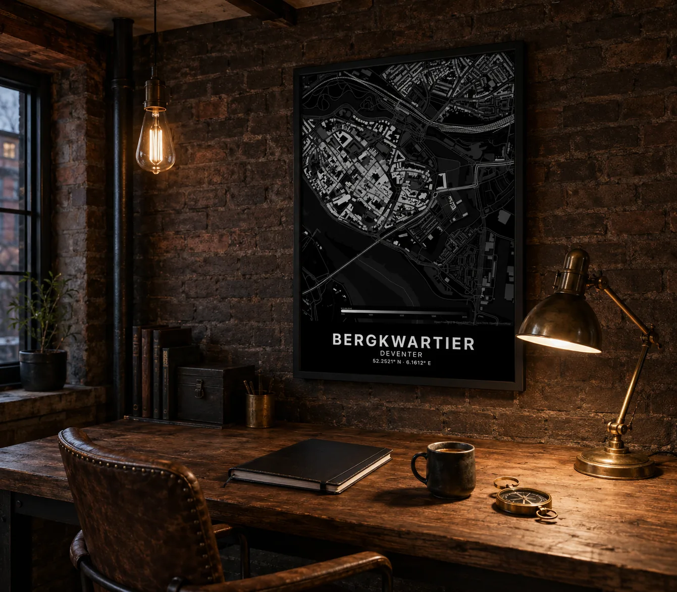 Stedenposter in donkere stijl in een industrieel loft-interieur met betonnen muren
