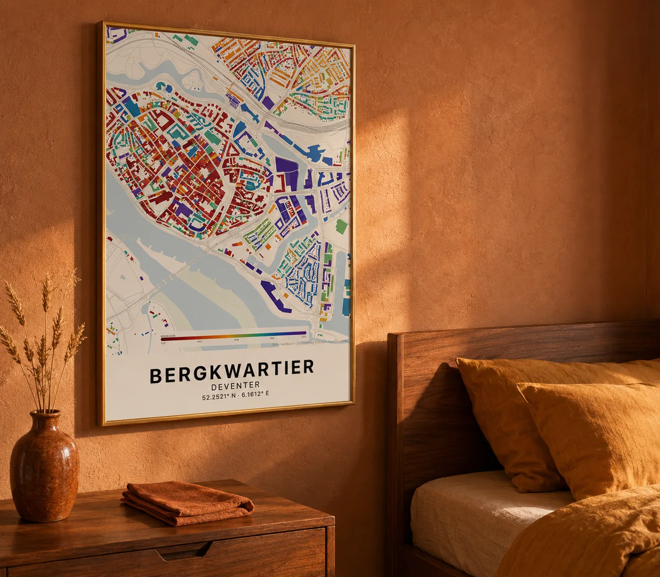 Stedenposter in warme tijdlaag-stijl in een mid-century interieur met houten meubels