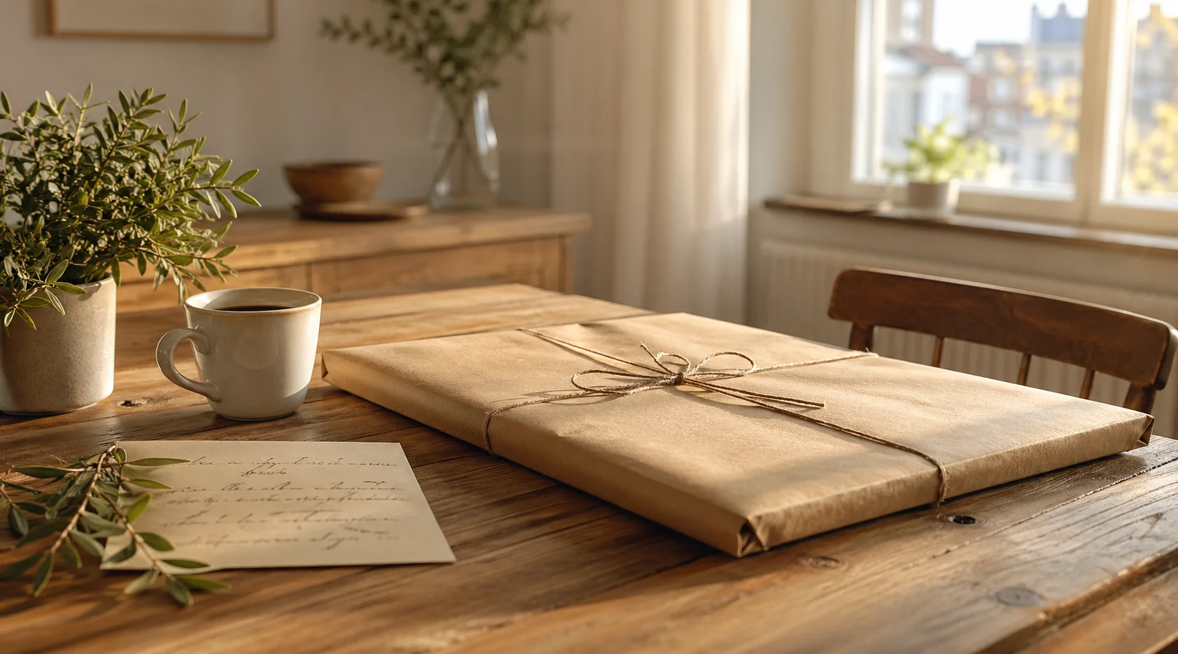 Ingepakte kaartposter als vaderdagcadeau op een houten tafel met koffie en een kaart