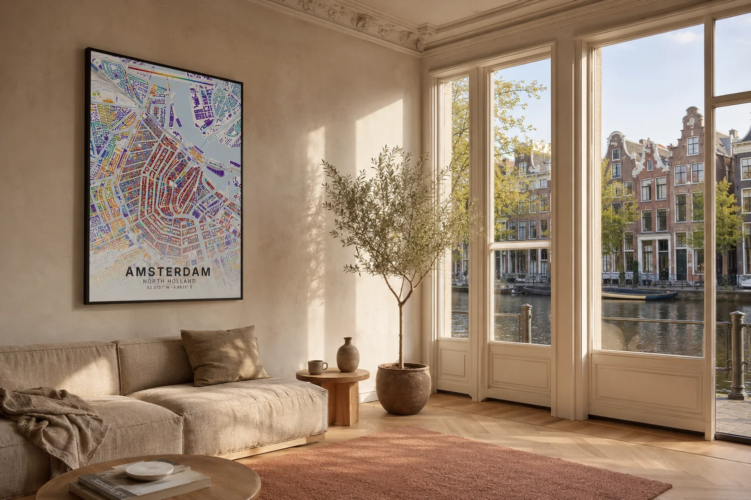 Tijdlaag poster van Amsterdam in een grachtenwoonkamer met hoog plafond en zicht op de grachten