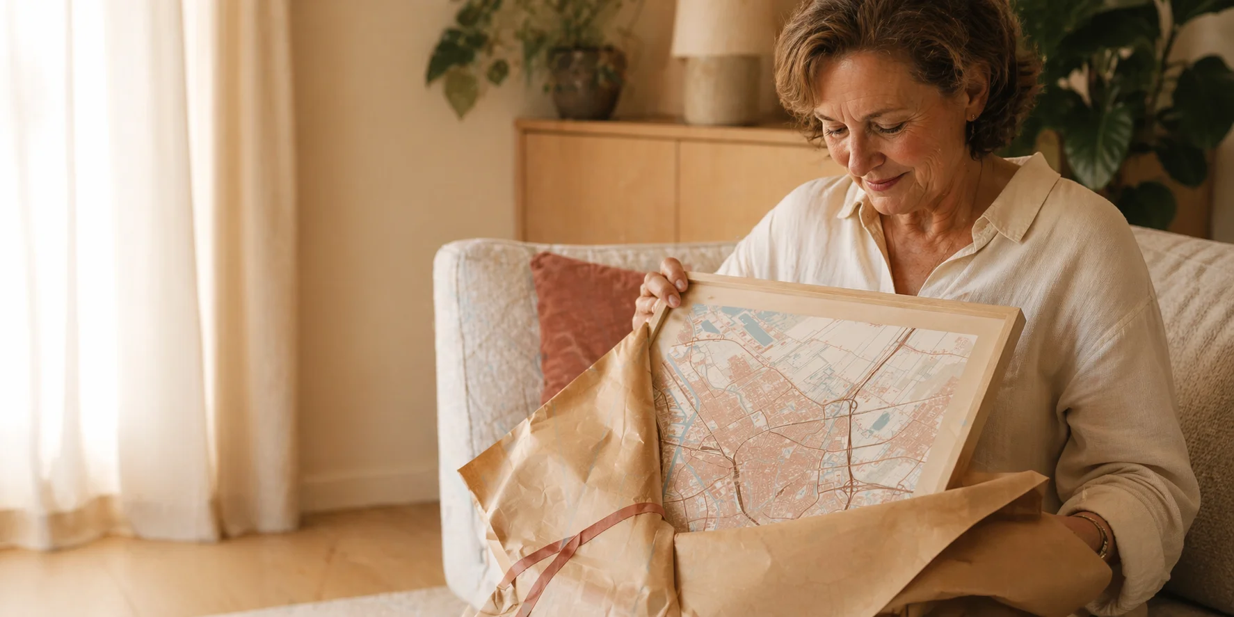 Moeder pakt een ingelijste kaartposter uit als cadeau