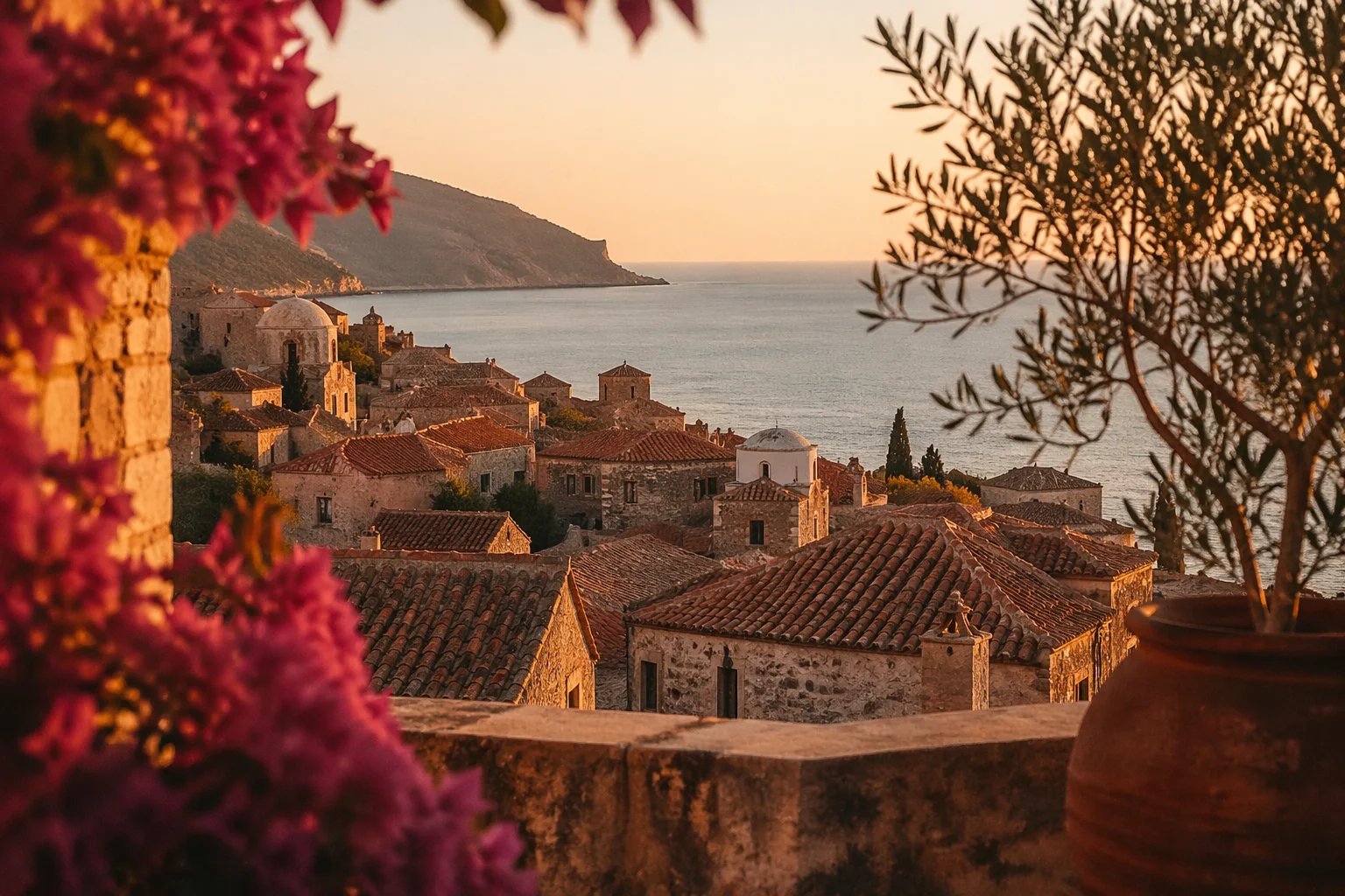 Mediterraans kustdorpje met terracotta daken bij zonsondergang