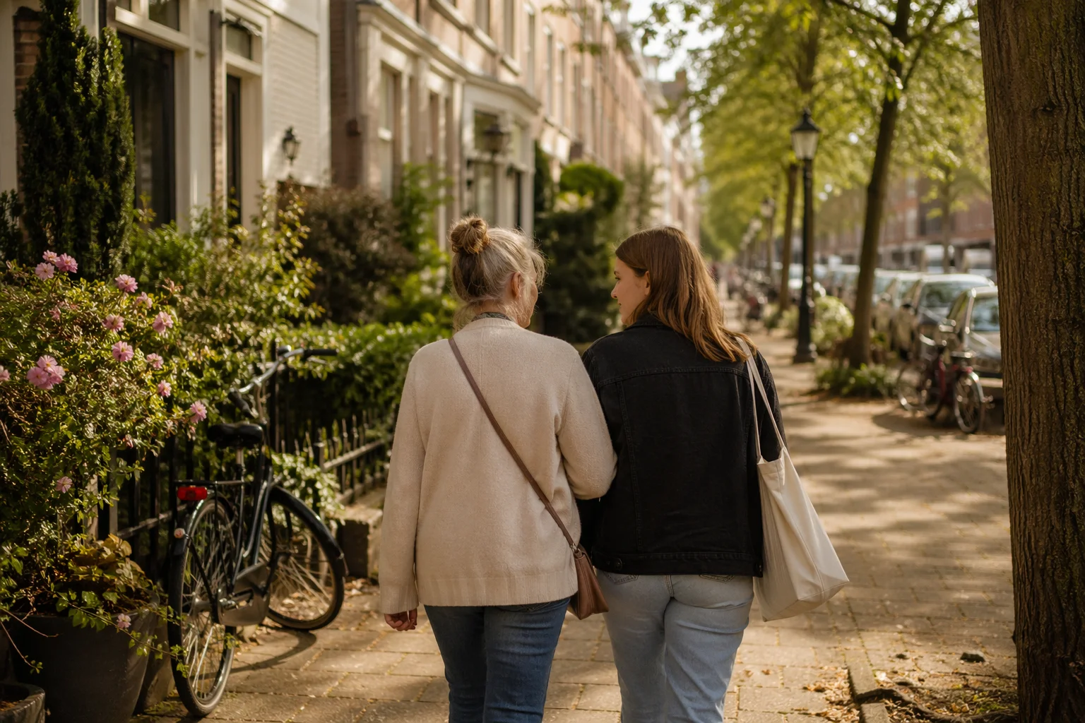 Moeder en dochter lopen arm in arm door een groene straat