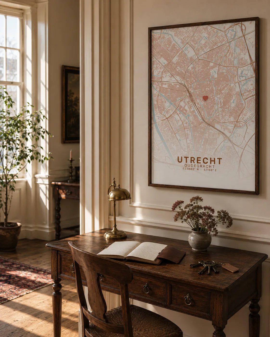 Ingelijste kaartposter van Utrecht in een woonkamer met houten vloer