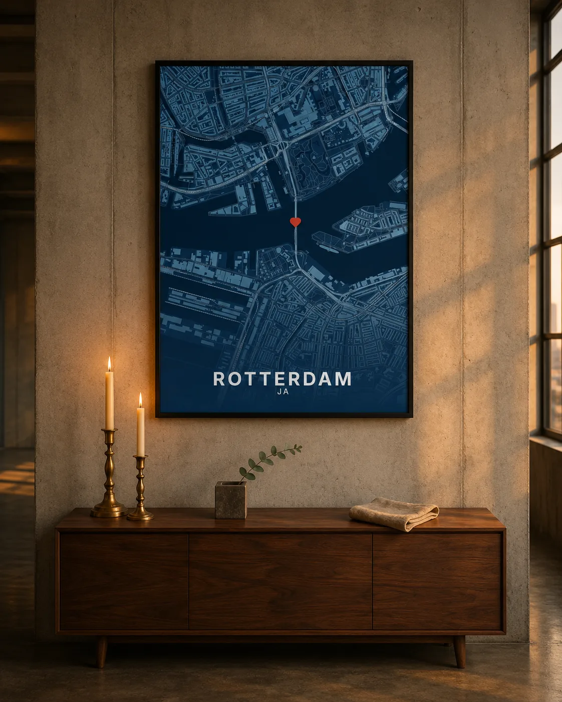 Kaartposter van Rotterdam met de Erasmusbrug aan een muur in een moderne woonkamer