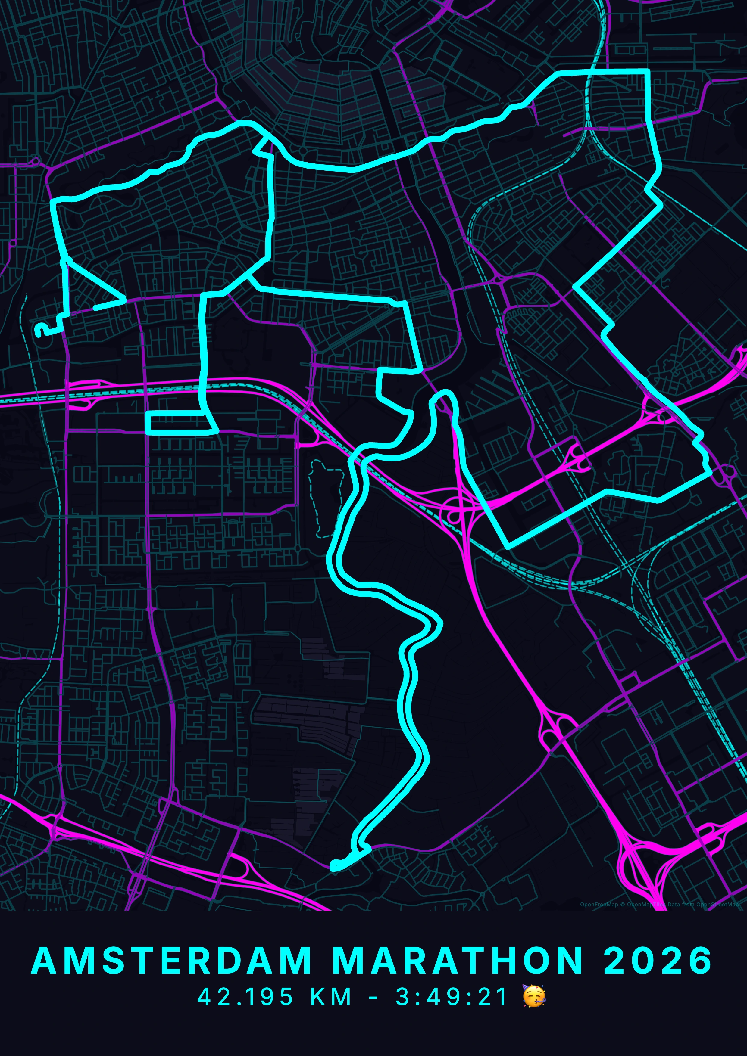 Amsterdam Marathon kaartposter in neon stijl, staand formaat