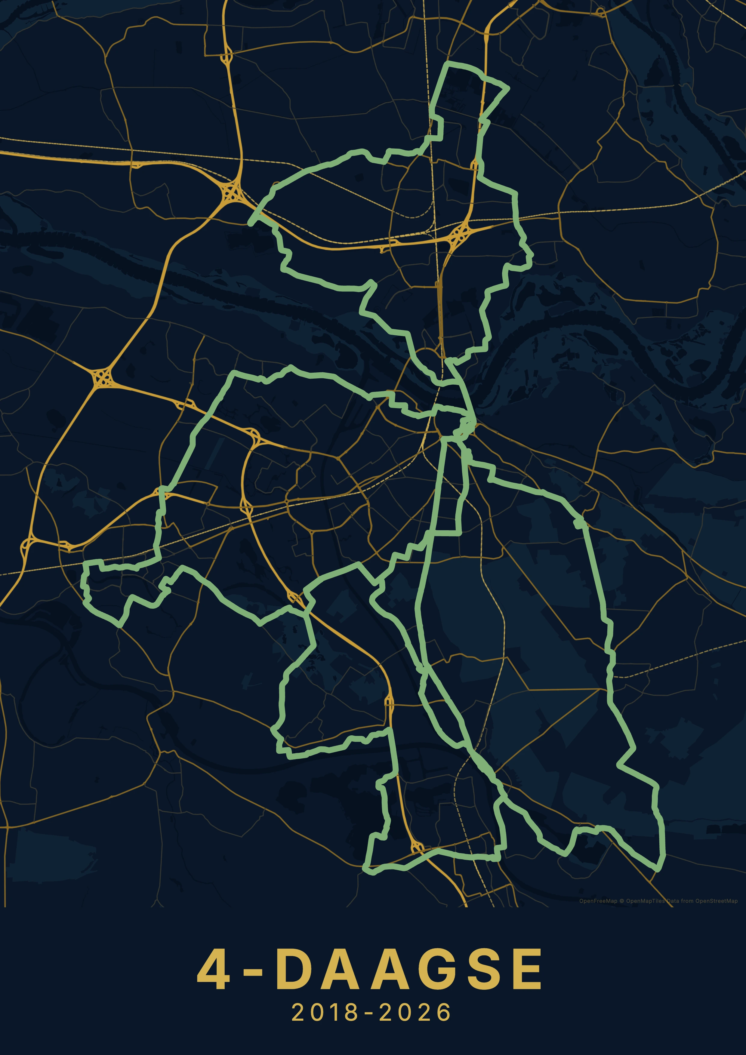 Vierdaagse Nijmegen kaartposter in midnight blue stijl, staand formaat
