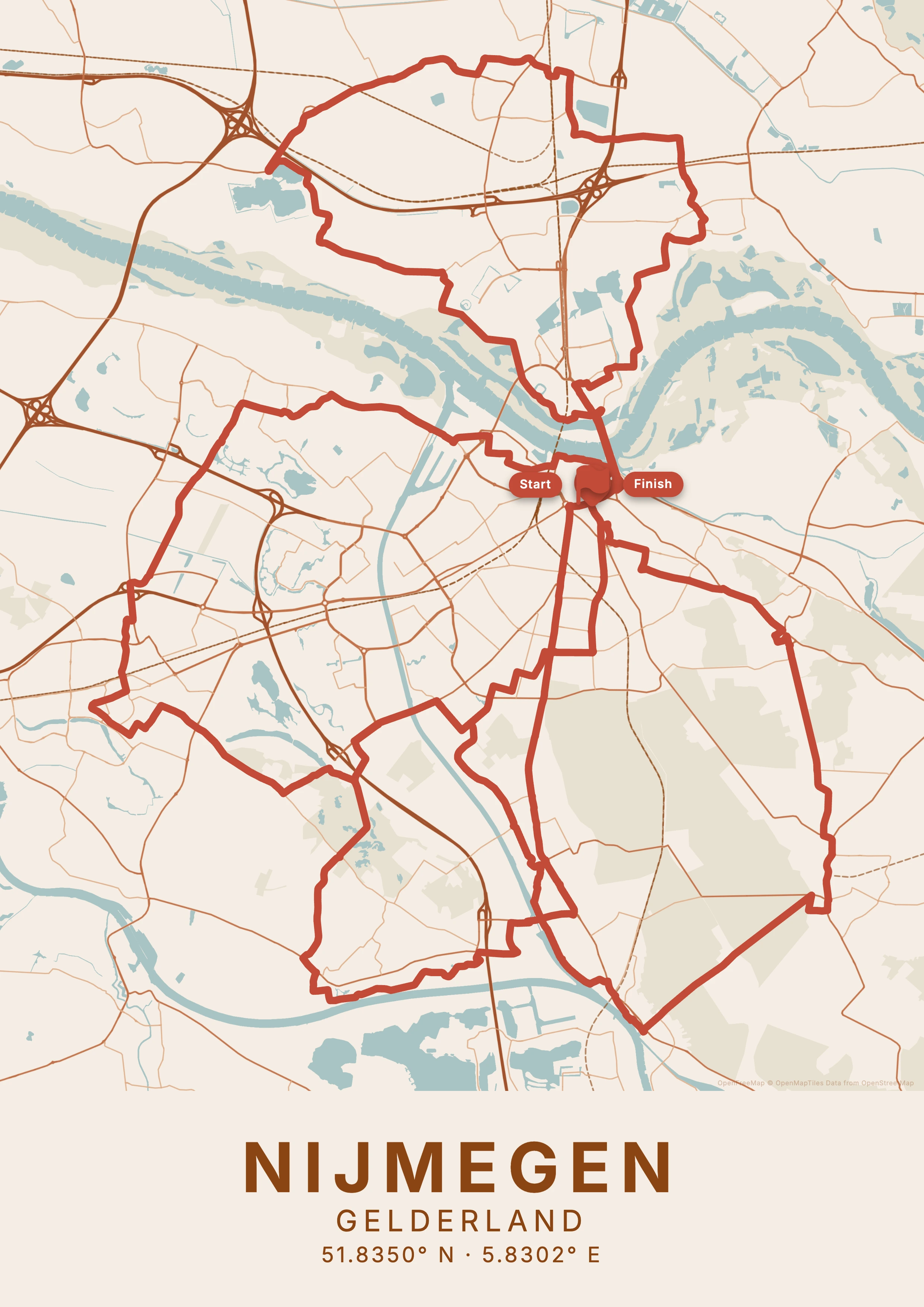 Vierdaagse Nijmegen kaartposter in terracotta stijl, staand formaat