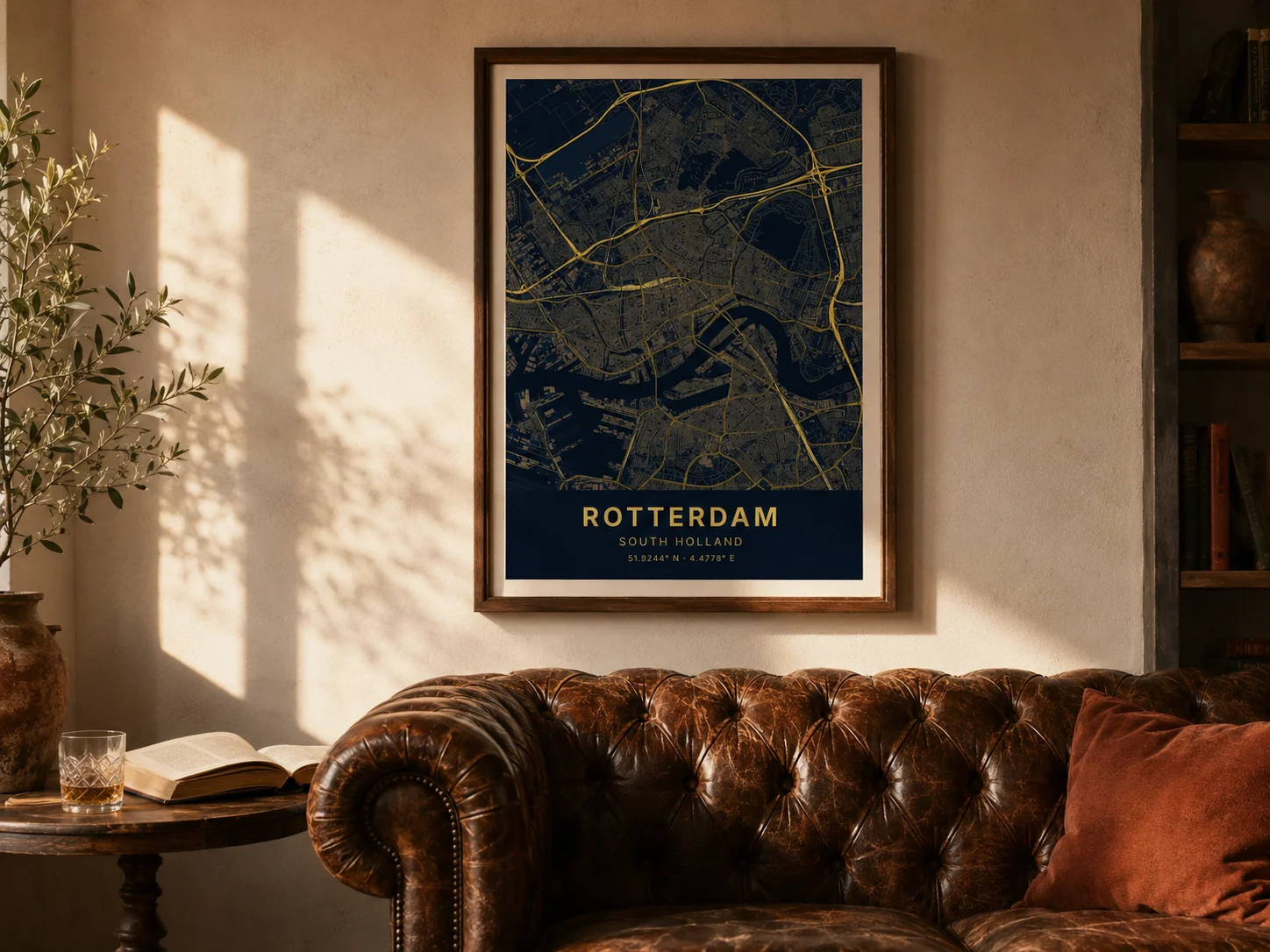 Ingelijste kaartposter boven een leren bank in een warm, mannelijk interieur