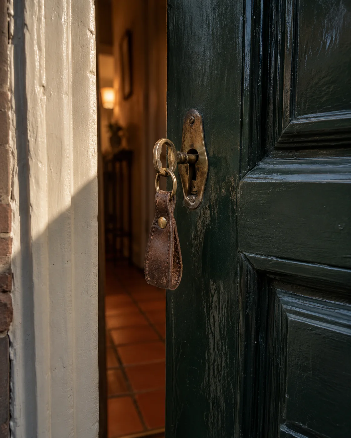 Sleutel in de voordeur van een Nederlands woonhuis, warm licht binnen