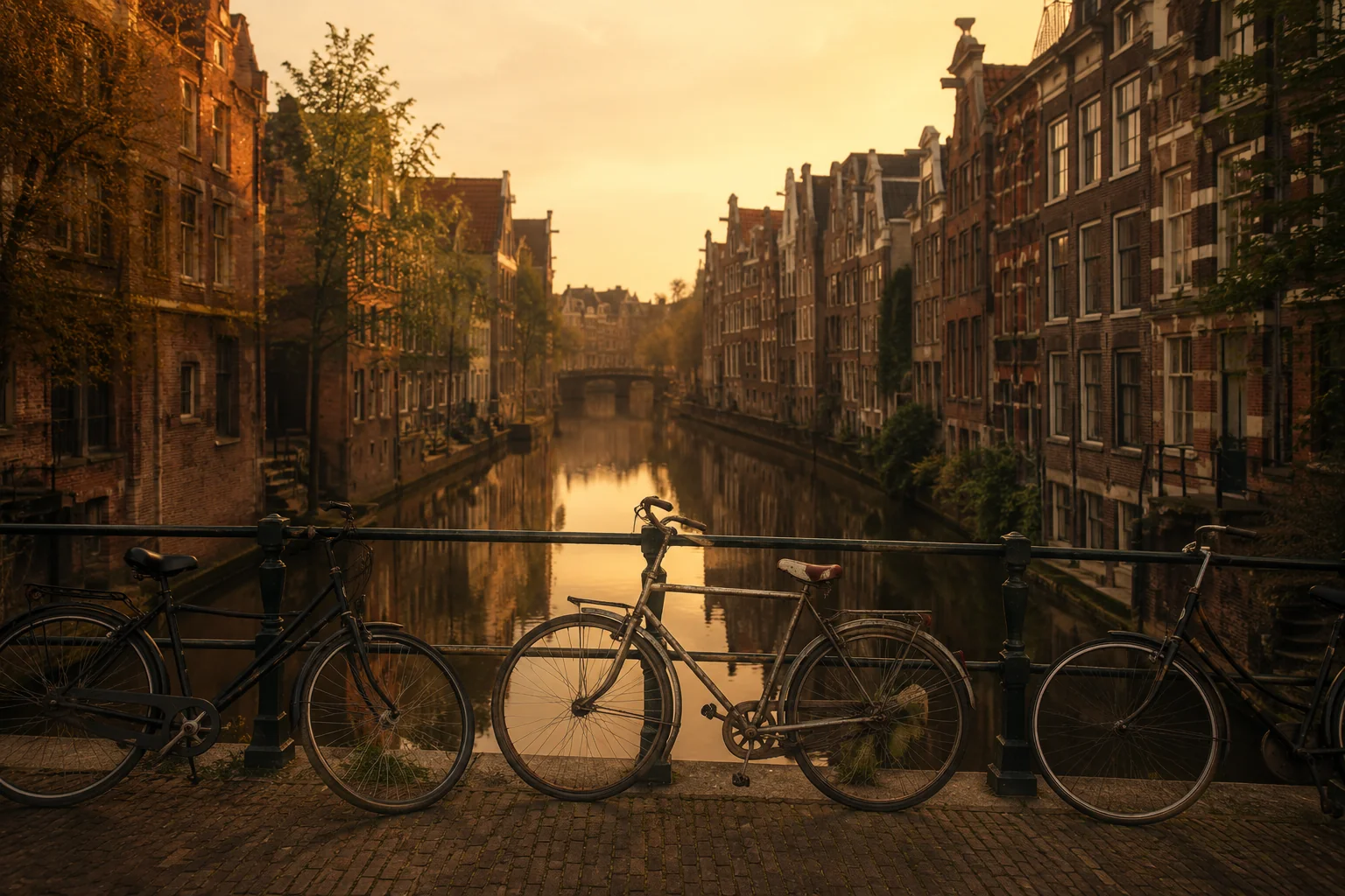 Nederlandse stadsgracht met fietsen langs de waterkant in avondlicht